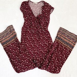 Rewind Burgundy Floral Jumpsuit Large Cinched Waist Boho Jumpsuit